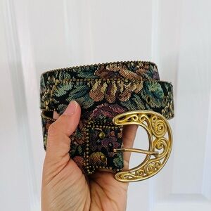 Vintage Elite Floral Jacquard Belt with Ornate Gold Buckle Size Large